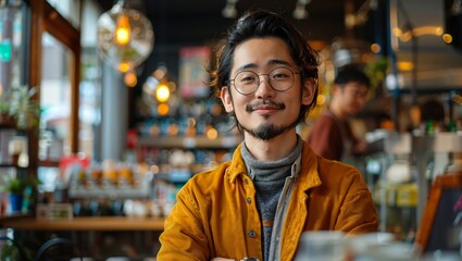 Fototapeta premium Asian graphic designer discussing projects with clients over a video call, at a trendy café