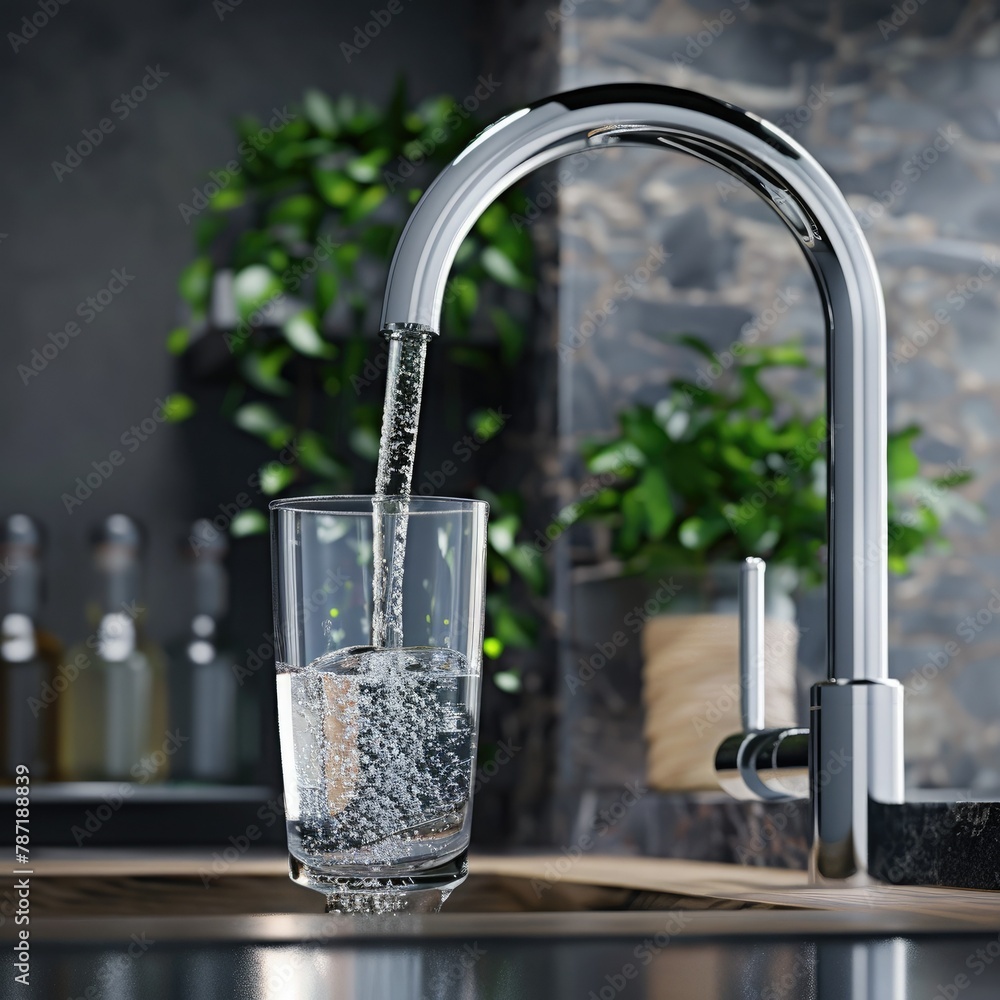 Poster 3d visualization of a faucet pouring clean water into a glass, emphasizing access to clean drinking 