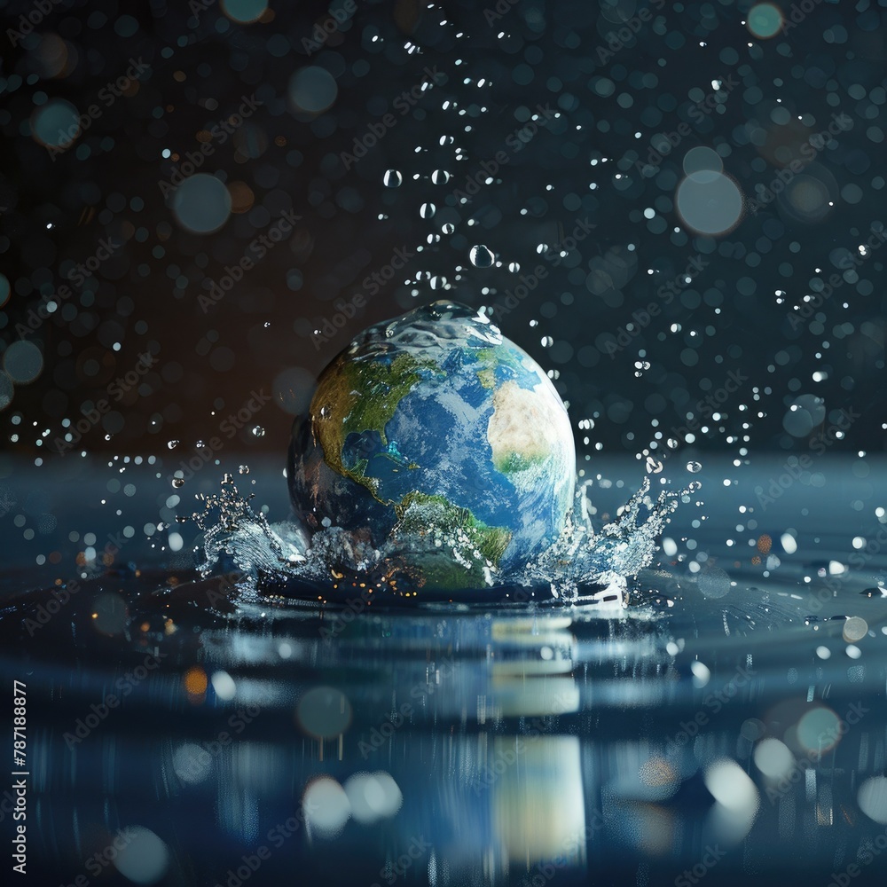 Poster a 3d model of earth with water droplets falling from the sky to represent the planet's water cycle.