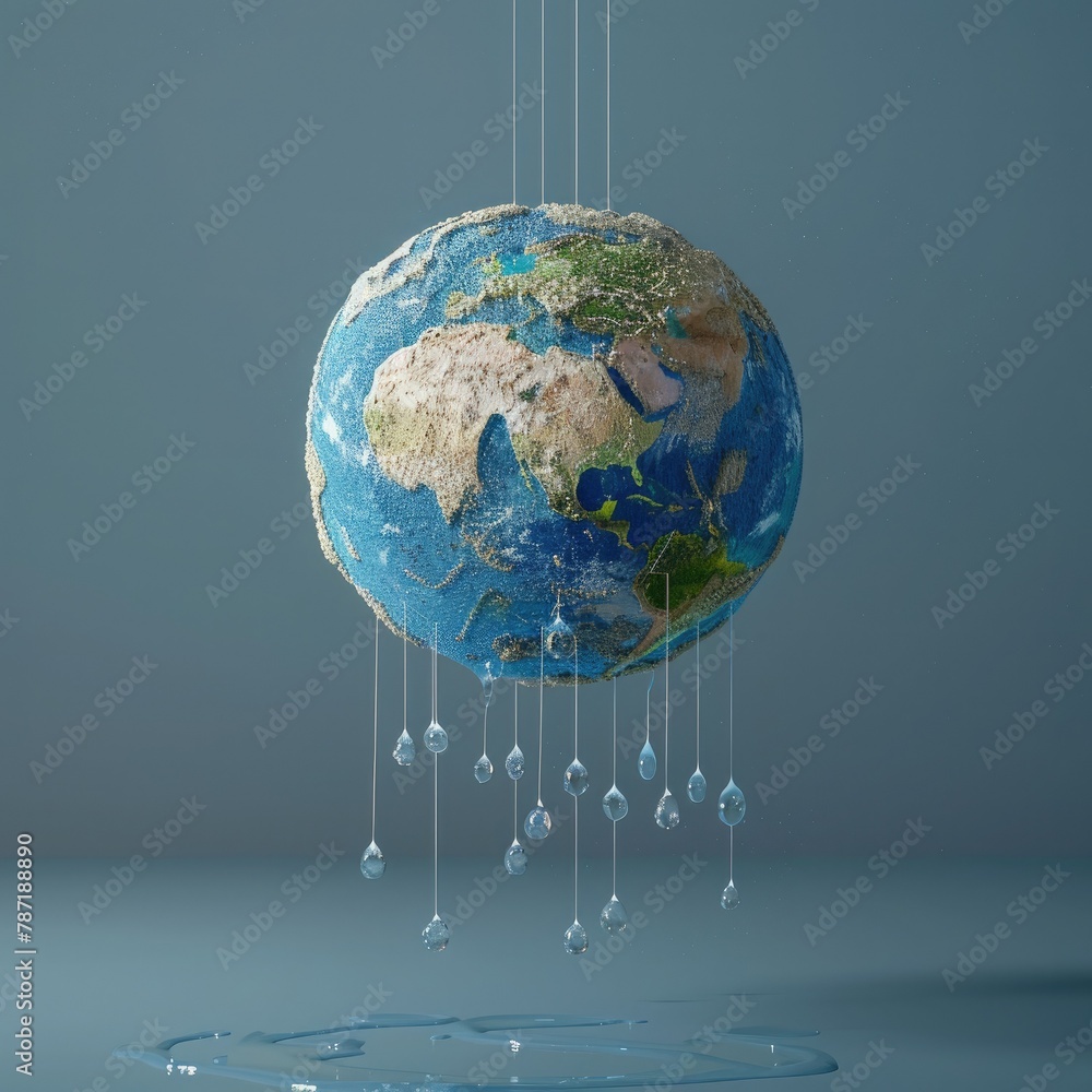 Poster a 3d model of earth with water droplets falling from the sky to represent the planet's water cycle.