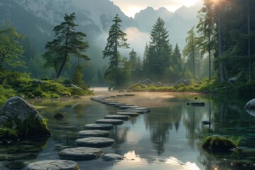 Tranquil River with Stepping Stones and Trees