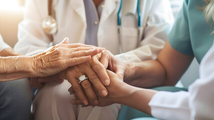 Unrecognizable female doctor expressing care towards an elderly lady comforting her and holding hands Two adult women of different age Family values concept lose up copy space backgrou : Generative AI