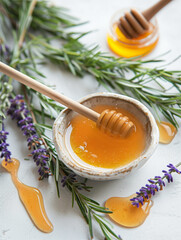 Lavender honey pouring with honey fresh lavender white surface. concept of natural honey, lavender - 787189020