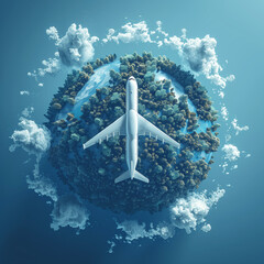 Airplane flying over a 3D globe with forest texture surrounded by clouds. Sustainable travel concept - 787189033