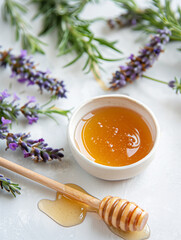 Lavender honey pouring with honey fresh lavender white surface. concept of natural honey, lavender - 787189060