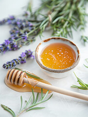 Lavender honey pouring with honey fresh lavender white surface. concept of natural honey, lavender - 787189087