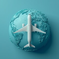 Airplane flying over a 3D globe with forest texture surrounded by clouds. Sustainable travel concept - 787189094