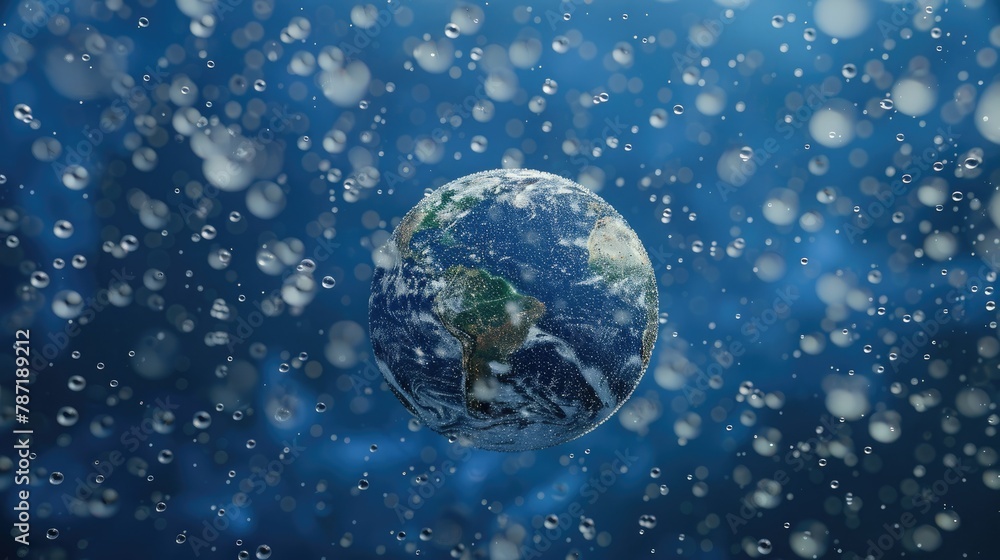 Poster a 3d model of earth with water droplets falling from the sky to represent the planet's water cycle.