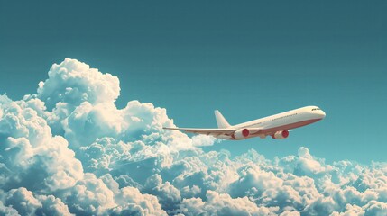 Commercial airplane in flight above the clouds with clear blue sky. Aviation and travel concept - obrazy, fototapety, plakaty