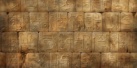 This background image showcases ancient Egyptian hieroglyphs carefully carved onto a stone surface - obrazy, fototapety, plakaty