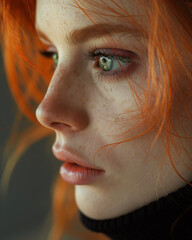 Close-up of a woman with fiery red hair and freckles. Intense beauty portrait concept.