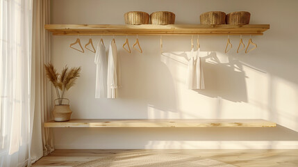 Modern minimalist interior of a home closet with wooden shelves and hangers
