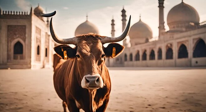 Close Up Cinematic Beef Cattle with Mosque in the Background, Fit for Eid al-Adha Celebration