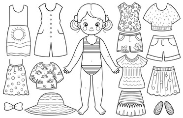 Dress up activity page in black and white for kids with a cute girl. Paper doll game in outline. Put clothes on a little girl.Vector illustration - 787190021