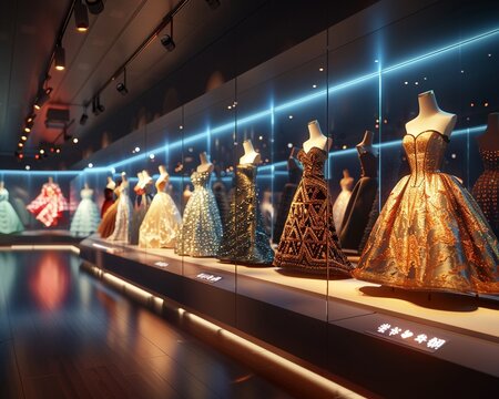 Interactive fashion museum exhibit Exploring the history of fashion through the lens of the stock market ,3DCG,high resulution,clean sharp focus