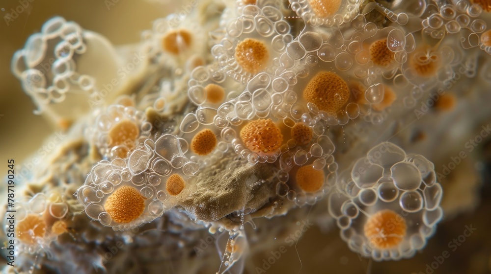 Poster an intricate network of rotifer colonies attached to a submerged rock their intricate structures rem