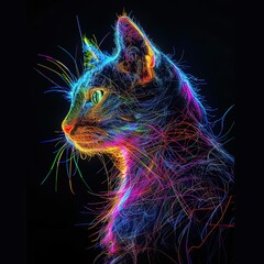 Hyper-realistic cat, neon lit art, iridescent, fluorescent created feline silhouette made of neon,...