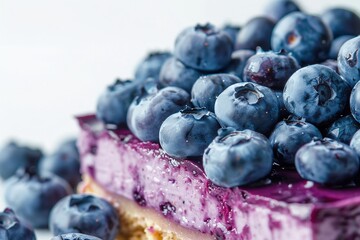 Raw glutenfree nobake dessert Vegan vanilla blueberry cheesecake against white background Sweet healthy food Copy space - obrazy, fototapety, plakaty