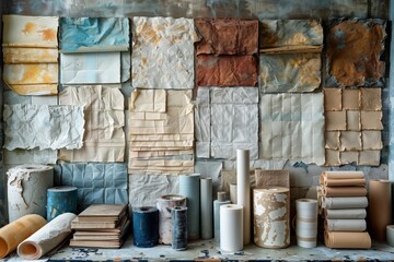 Handmade paper textures on colorful wall
