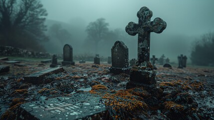 Desolate church graveyard with weathered stone crosses, presented on a moody grey and black background - obrazy, fototapety, plakaty