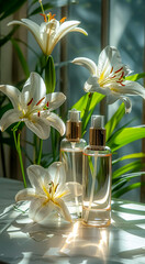 White lily flowers and perfume bottles on the windowsill in sunlight