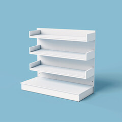 3D illustration of a cardboard display dumpbin shelf stand with shelves for goods and empty space on top