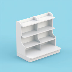 3D illustration of a cardboard display dumpbin shelf stand with shelves for goods and empty space on top