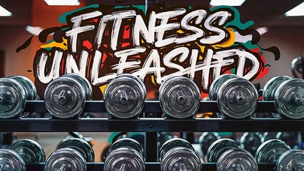 Dumbbells on a rack with a graffiti-style "FITNESS UNLEASHED" mural in the backdrop, symbolizing raw gym energy and urban fitness culture.