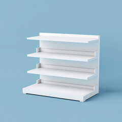 3D illustration of a cardboard display dumpbin shelf stand with shelves for goods and empty space on top