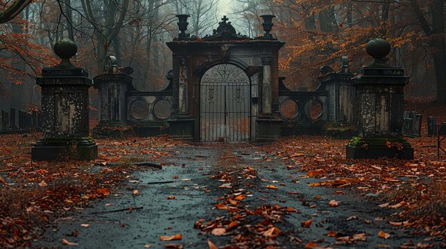 Desolate graveyard with broken gates and fallen leaves