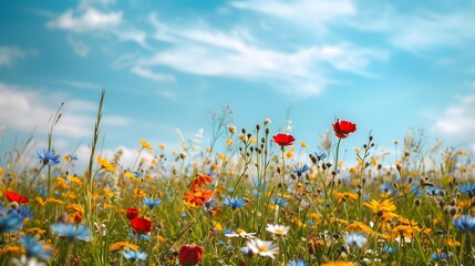 A vibrant field of wildflowers under a clear blue sky