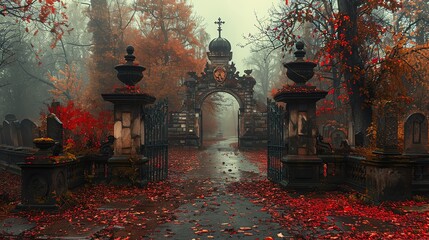 Desolate graveyard with broken gates and fallen leaves - obrazy, fototapety, plakaty