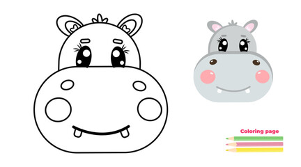 Cute outline kawaii hippopotamus face, head. Coloring page illustration for baby, kids. Hippo animal in line drawing. For printable children's and adults coloring page or book