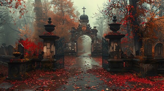 Desolate graveyard with broken gates and fallen leaves
