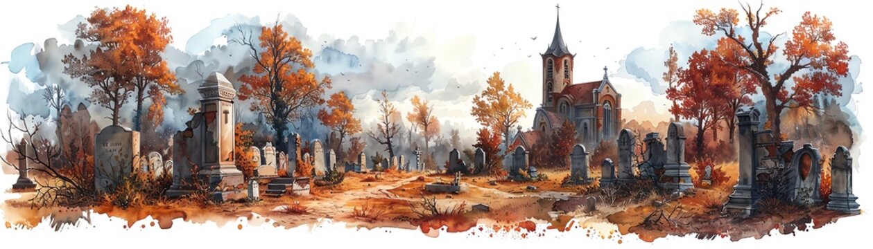 Detailed watercolor illustration of a medieval church and ancient graveyard, all elements isolated on white