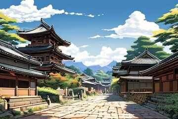 Chinese Buddhist Temple illuminated for the Mid-Autumn festival. digital art