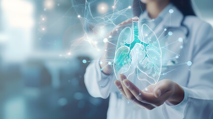 Female doctor holding virtual Lungs in hand Handrawn human organ copy space on right side raw photo colors Healthcare hospital service concept stock photo : Generative AI