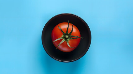 Top view of red ripe tomato in black ceramic dish on blue background with copy space : Generative AI - obrazy, fototapety, plakaty