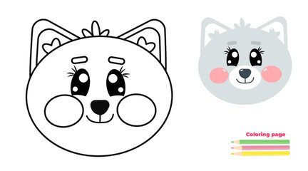 Cute kawaii doodle drawing of cat face, head. Coloring page illustration for kids. Kitten flat animal in line drawing style. Vector outline for printable children's and adults coloring page or book