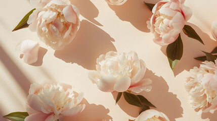 Aesthetic arranged flatlay peonies with copy space and sunlight shadows on neutral beige background Top view : Generative AI - obrazy, fototapety, plakaty