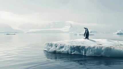 Naklejka premium Climate change concept. close up penguin on a melting ice floe. cute penguin on winter landscape, snowy winter 