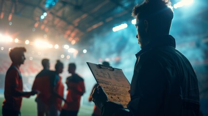 A dreamy background of a coachs strategies being enacted with the focus on a misty clipboard bearing important game plans as the team on the sidelines buzzes with activity. .