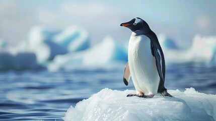 Obraz premium Climate change concept. close up penguin on a melting ice floe. cute penguin on winter landscape, snowy winter 