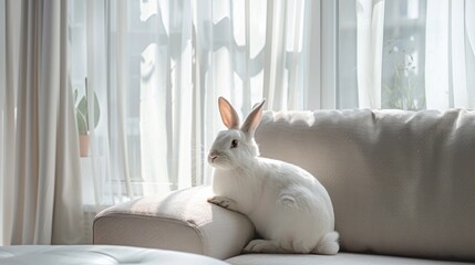 white rabbit sitting on a single seater sofa, minamlist room, white window curtains,