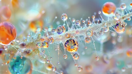 A mesmerizing image of colorful droplets forming on fungal hyphae giving the appearance of sparkling jewels adorning a delicate artwork. - obrazy, fototapety, plakaty