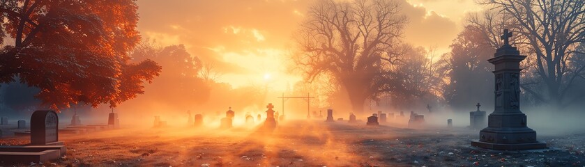 A foggy graveyard at dawn, the tombstones casting long shadows