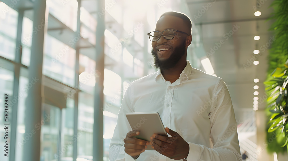Aufkleber cheerful young bearded african american man manager walking by office building corridor holding mode