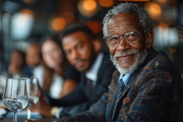 An elderly man with glasses and a tweed jacket is smiling at a restaurant, with a group of younger individuals blurred in the background - obrazy, fototapety, plakaty