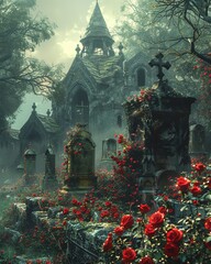 A gothic vampirethemed graveyard with red roses growing around the tombs - obrazy, fototapety, plakaty