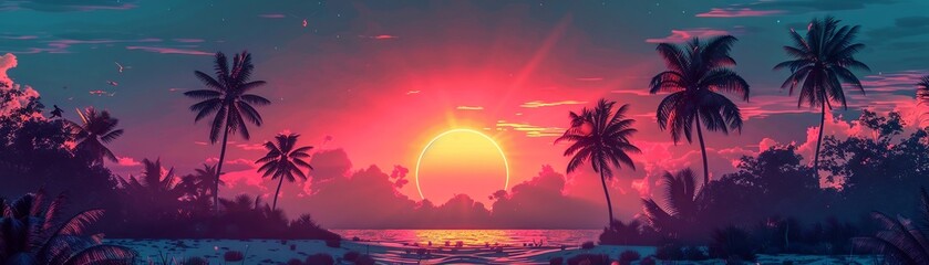 sunset and palm trees with sun silhouette in the background, in the style of graphic designinspired illustrations, panoramic scale